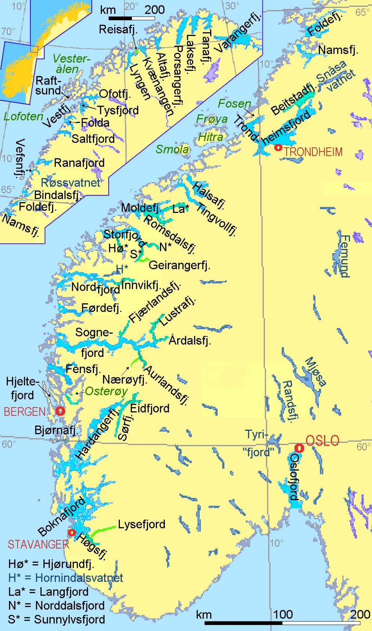 kort over Norge, der viser, fjorde