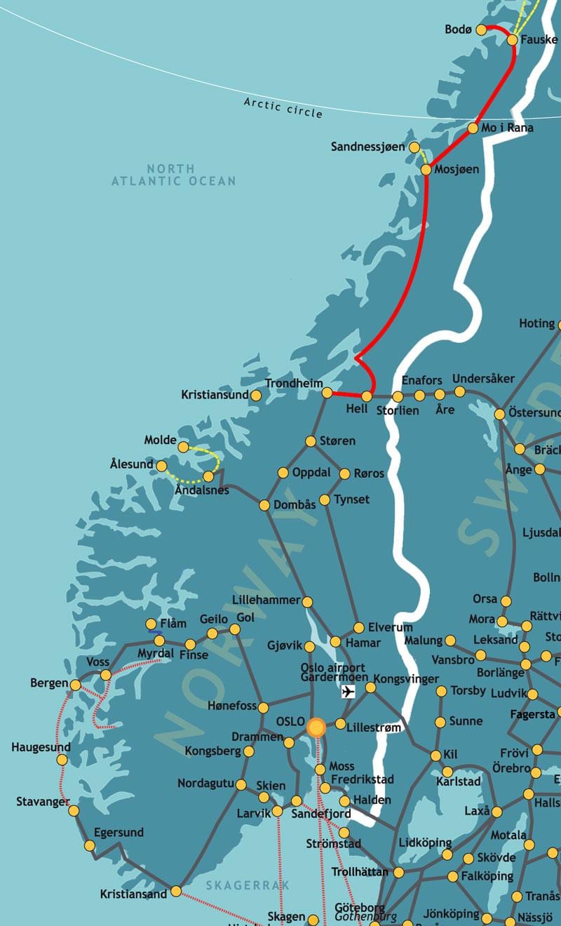 Kort over Norge northern railway